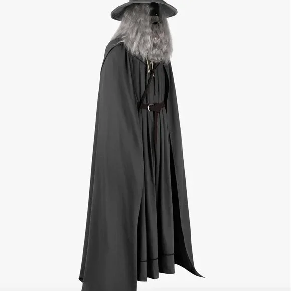 Gandolf Costume Mens Gray Robe Hooded Cloak with Hat Grey Wizard - Picture 3 of 6